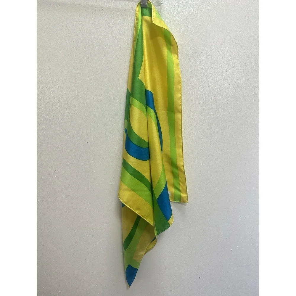 Vintage Christian Dior 70s Silk OP Art Scarf 100% Silky Yellow, Blue, Green
